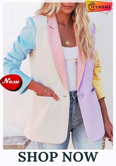 Casual Color Block Autumn Polyester Natural Daily Loose H-line Regular Size Blazer for Women Casual Blazer Women, Long Sleeve Blazers, Casual Blazer, Work Wardrobe, Blazer Fashion, Blazer Buttons, Blazer Coat, Blazers For Women, Business Fashion