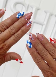 Fourth Of July French Tip Nails Almond, Usa Nails, Watermelon Nails