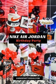 a birthday party with red and black balloons, nike air jordan shoes, and other decorations