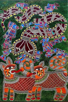 Tigers in Mithila painting Flora And Fauna Drawing, Madhubani Painting, Krishna Painting, Art Works, Tigers, Krishna, Art