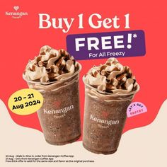 two cups of ice cream with chocolate toppings on top and the words buy 1 get 1 free for all freezey