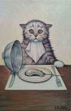 a painting of a cat sitting at a table with a mouse and fork in front of it