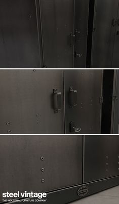 three different views of the inside of a metal locker