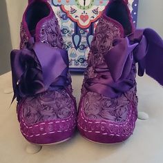 Stunning Shoes, No Longer Available. Worn Once, At My Wedding 12 Years Ago And Put Back In Box. Size 8, Approx 3" Heels. Gorgeous Purple Roses And Baroque Suede Accents. These Are A Work Of Art! Some Mud On Heels ( It Rained At My Wedding Haha!) I'll Try To Clean Mud If These Are Purchased. Comes With Extra Laces, Shabby Ribbon, Seen In Last Photo. Art Hats, Irregular Choice Shoes, Irregular Choice, Stunning Shoes, Purple Roses, Rose Color, My Wedding, Roses, Ribbon