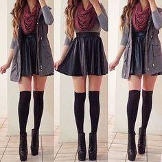 outfit. Skirt And Knee High Socks, Leather Skater Skirts, Fall Outfits For Teen Girls, Peplum Tops, Vintage Hipster, Rock Outfit, Heidi Klum, Knee High Socks, Fall Winter Outfits