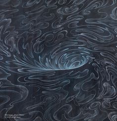 an abstract painting with white and blue swirls on black paper, as if it is swirling in the air