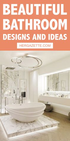 a bathroom with marble counter tops and white fixtures, including a large round bathtub