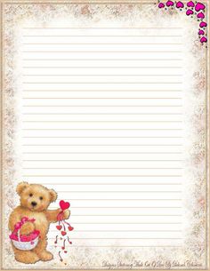 a teddy bear holding a heart shaped balloon on top of a sheet of lined paper