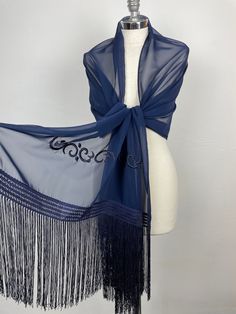 A very elegant large shawl for your wedding party or evening dress. Made of luxury chiffon fabric with embroidery. Color: navy blue Size : 200 cm x 60 cm You can use it as a wrap, shawl or stola. WE have matching bags in our Etsy Shop! WE accept credit cards! Gala Night Dress, Spanish Shawl, Gala Night, Wedding Shrug, Blue Shawl, Big Knits, Dress With Shawl, Chiffon Wrap, Bridal Shawl