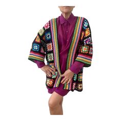 Crochet Granny Square Cardigan, Patchwork Cotton Jacket, Crochet Boho Coat, Multicolor Granny Square Sweater, Maxi Plus Cotton Sweater Coat Crochet, Knitted Patchwork, Square Sweater, Jacket Crochet, Granny Square Cardigan, Cardigan Handmade, Granny Square Sweater, Square Cardigan, Boho Coat