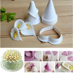 the steps to make a cake decoration with fondant flowers and hearts are shown here