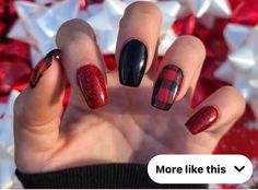 Buffalo Print Nails, Red Black Plaid Nails, Christmas Nails Buffalo Plaid, Black And Red Holiday Nails, Red And Black Plaid Nails, Christmas Nails Black And Red, Red And Black Christmas Nails, Short Square Acrylic Nails Winter, Black And Red Christmas Nails