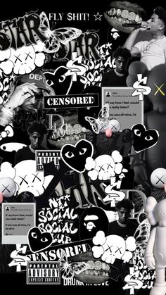 a collage of black and white images with different types of stickers on them