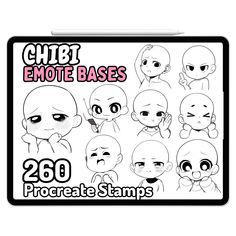 the cartoon character emote base sheet is shown in black and white, with various expressions