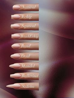 Bailarina Nail Shape, Nails Design Names, Nails Sizes Shape Chart, Nail Shapes And Names, Flair Nails Shape, Fake Nails Inspiration, Nail Ideas Extensions, Shape Of Nails Chart, Nail Extension Shapes