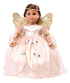 an angel doll wearing a white dress and gold wings