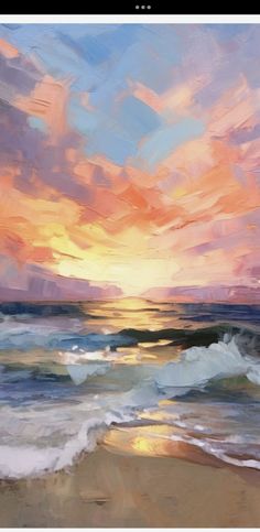 an abstract painting of the ocean at sunset with waves coming in from the shore and colorful clouds