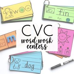 the words cvc work centers are surrounded by different types of cards and pencils