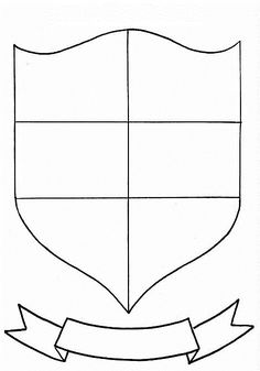 a black and white drawing of a shield with a ribbon on the bottom, and an arrow