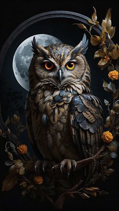 an owl sitting on top of a tree branch under a full moon with leaves and flowers