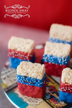 small red, white and blue rice treats on a plate