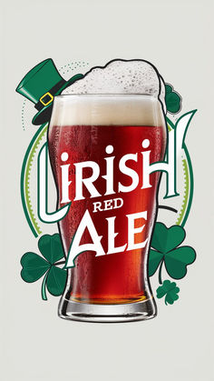 a glass of beer with the words irish red ale on it