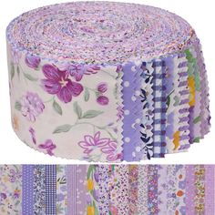 a roll of purple and white paper with flowers on it, next to each other