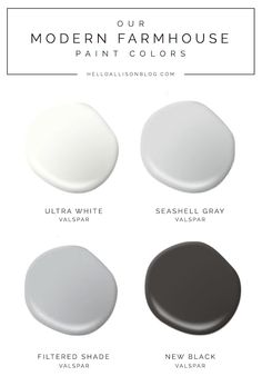 four different shades of white paint with the words modern farmhousee painted in black and white