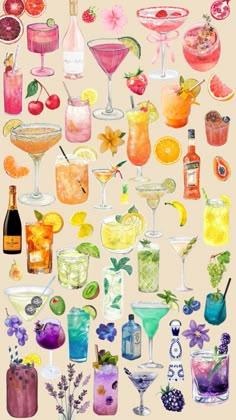 an image of many different kinds of drinks on a white background with watercolors