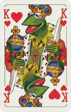 a frog playing card with the king and queen in it's arms, holding two swords