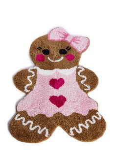 a teddy bear rug with hearts on it's chest and the word love spelled in white