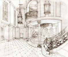 an architectural drawing of a staircase in a large room with two balconies on the second floor