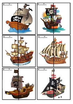 four different types of pirate ships are shown in this image, with the same color and size