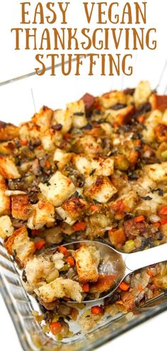 easy vegan thanksgiving stuffing in a glass casserole dish with a serving spoon