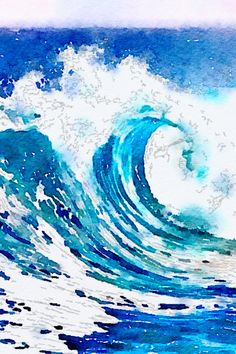 a painting of a wave in the ocean with blue and white watercolors on it