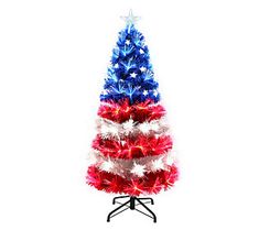 an american flag christmas tree with red, white and blue lights on it's base