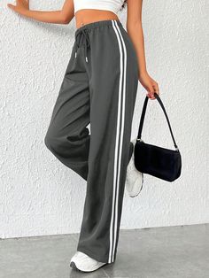 7/8-9/10 Length Striped & Printed Drawstring Pants Dark Grey Casual   Woven Fabric Colorblock,Striped Wide Leg Non-Stretch  Women Clothing, size features are:Bust: ,Length: ,Sleeve Length: Sporty Pants, Drawstring Waist Pants, Hot Sweater, Black Wide Leg Trousers, Joggers Track Pants, Casual Wide Leg Pants, Pants Casual, Printed Drawstring, Drawstring Pants