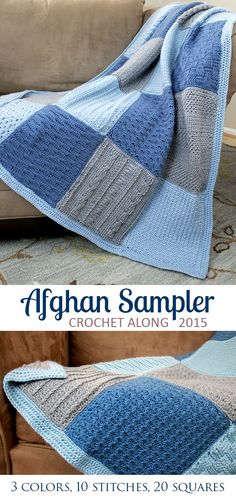 a blue and gray afghan sitting on top of a couch