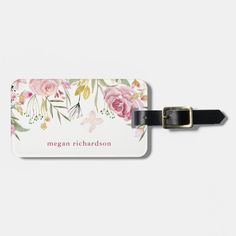 This beautiful luggage tag features a blush pink and faux gold look floral design with plenty of trendy, green botanical leaves. We have used art from LABFcreations. Trendy Luggage, White Luggage, Pink Feminine, Pink Luggage, Botanical Leaves, Jet Setter, Luggage Accessories, Gold Floral, Luggage Tag