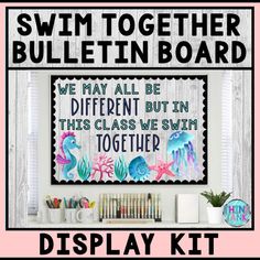 a cross stitch pattern with the words swim together bulletin board on it and an image of a