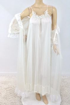 Tosca Long Nightgown Peignoir Robe Set Small Cream Nylon Layers Vintage | eBay Cute Nightgowns For Women, Ethereal Nightgown, Nightgown Romantic, Edwardian Nightgown, Cute Nightgowns, Wedding Nightgown, Princess Nightgowns, Linen Nightgown, Fake Wedding