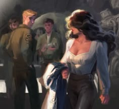 a digital painting of a woman holding a blue scarf in front of other men and women