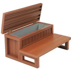 a wooden bench with a storage compartment underneath it