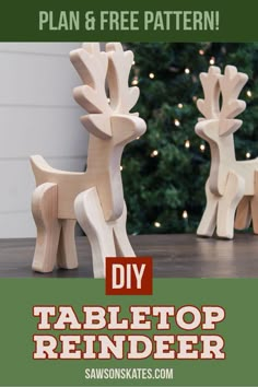 the diy tabletop reindeer is made from wood and sits in front of a christmas tree