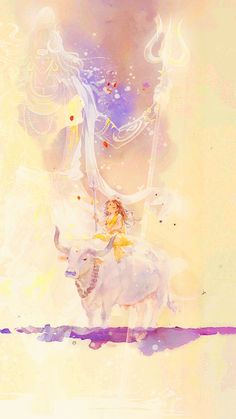 a woman riding on the back of a white bull under a sky filled with clouds