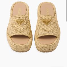 Brand New Never Worn Prada Slides In Great Condition Crochet Slides, Prada Slides, Crochet Logo, Straw Sandals, Crochet Sandals, Cozy Crochet, Soft Slippers, Summer Sneakers, Crochet Design