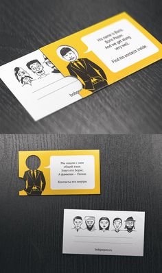 two different business cards with black and yellow graphics on the front, one has a cartoon character