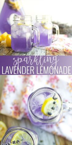 two mason jars filled with lavender lemonade sitting on top of a table