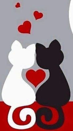 two cats sitting next to each other on a red and gray background with hearts flying in the air