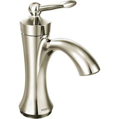 a chrome sink faucet with the handle extended to it's spout